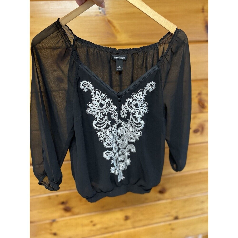 White House Black Market Black White Embroidered 3/4 Sheer Sleeve Evening Top S